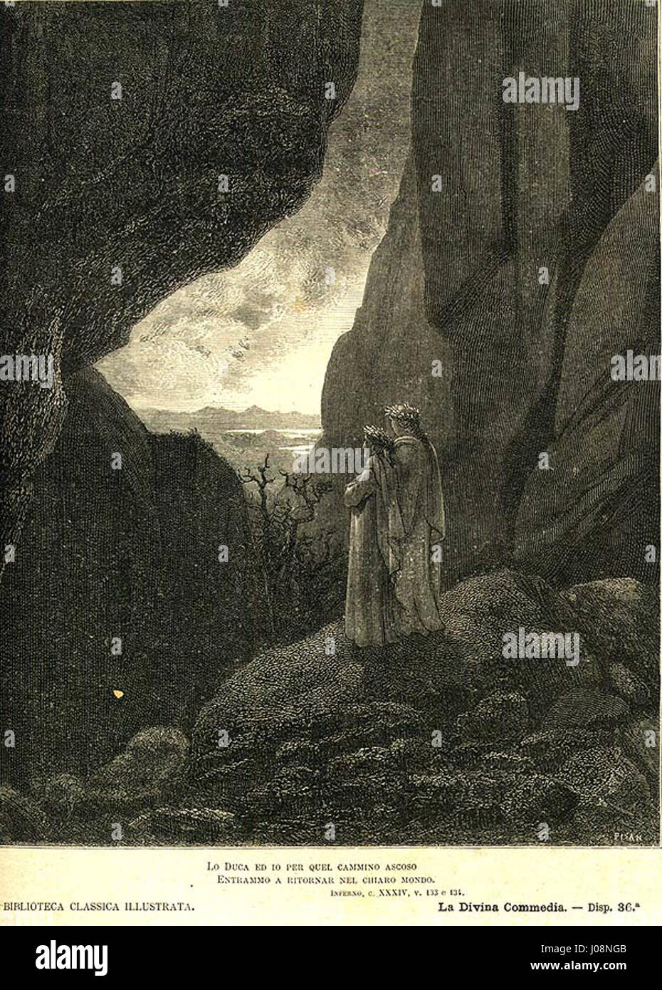 Une gravure de Gustave Dorè, un artiste français, illustrant le Chant 34 de l’Enfer des Divine Comédie, montrant une figure en longues robes debout entre des falaises rocheuses avec un paysage visible à travers une ouverture Banque D'Images