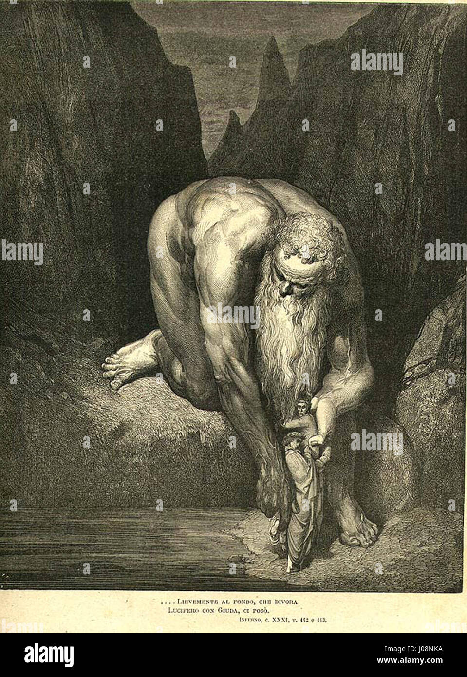 Une gravure de Gustave Dorè, un artiste français, illustrant le chant 31 de l’Enfer de Dante, représentant une figure musclée avec une longue barbe, agenouillée sur une surface rocheuse, tenant un bâton, dans un décor de falaises abruptes et d’un cadre sombre et caverneux. Banque D'Images