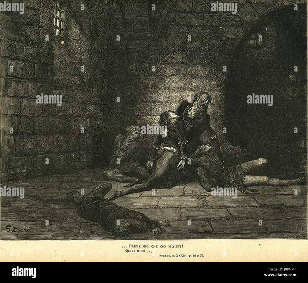Une gravure de Gustave Dorè, un artiste français, illustrant une scène du Chant 33 de l’Enfer, montrant des personnages en détresse dans une pièce aux murs de pierre. Banque D'Images