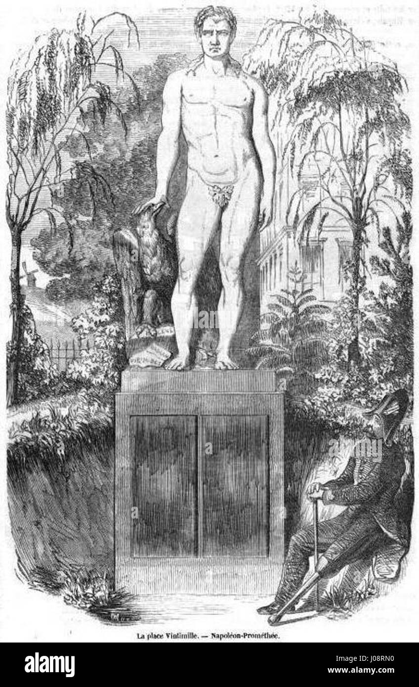 La statue Napoléon-Prométhée, située sur la place Sainte-Hélène, symbolise la dualité de l'héritage de Napoléon comme figure héroïque et controversée de l'histoire française. Banque D'Images