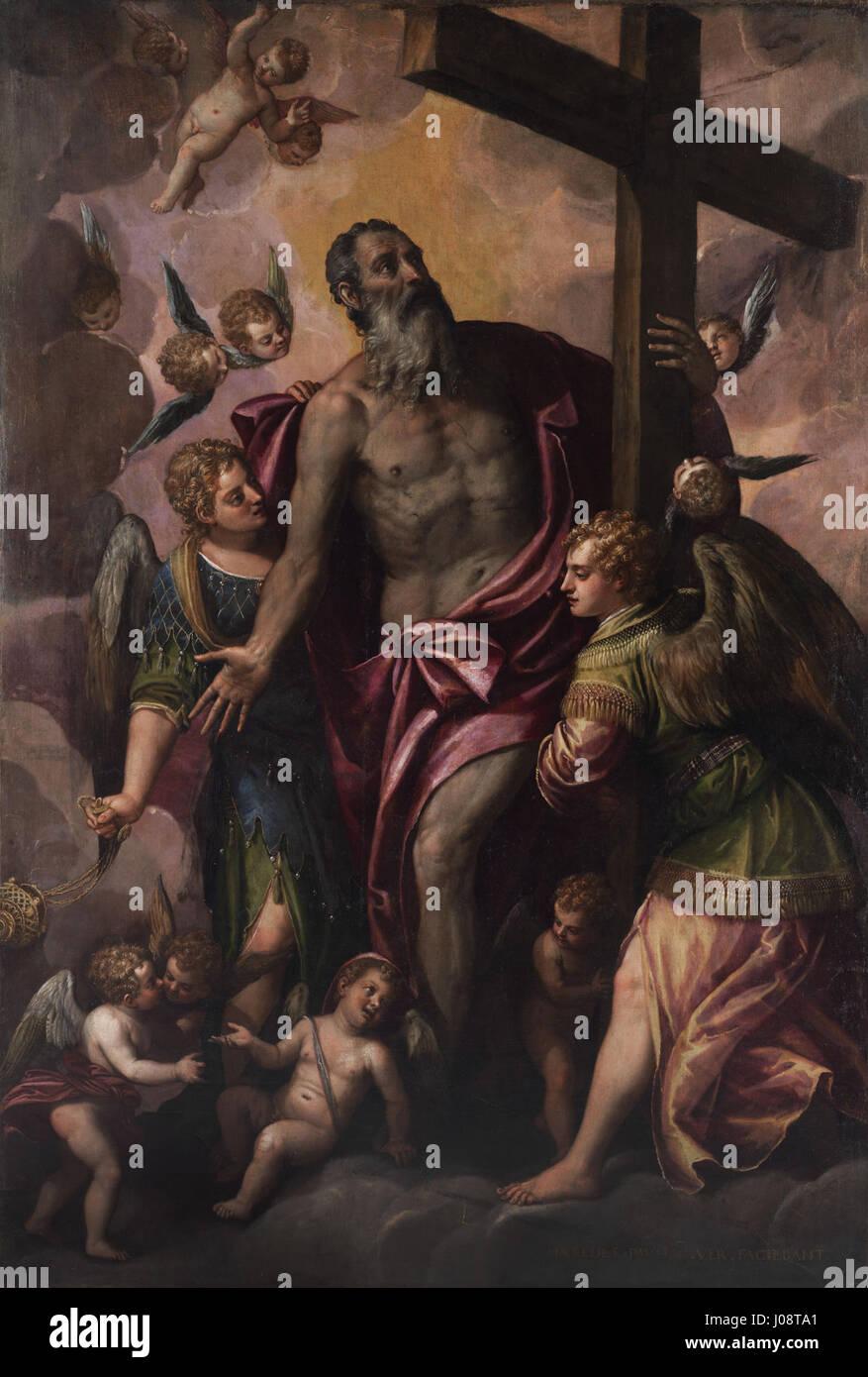 Paolo Veronese und Werkstatt Gottvater hält das Kreuz se traduit par Paolo Veronese et l'atelier Dieu le Père tient la croix, en référence à une peinture de l'artiste italien de la Renaissance Paolo Veronese représentant Dieu le Père tenant la croix. Banque D'Images