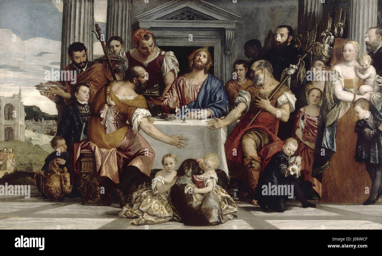 Pèlerins d'Emmaüs de Paolo Veronese est une peinture biblique qui dépeint le moment où Jésus révèle son identité à deux disciples. L’œuvre reflète la maîtrise de Véronèse dans la capture de la narration et de l’émotion. Banque D'Images