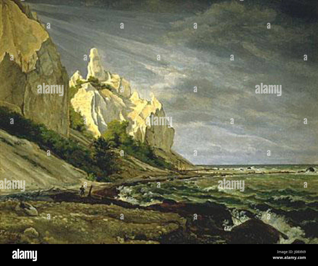 Cette œuvre capture les superbes falaises de Møns Klint, un célèbre site géologique du Danemark, pendant l'été. Les falaises s'élèvent de façon spectaculaire au-dessus de la mer, créant un paysage naturel d'une beauté saisissante. Banque D'Images