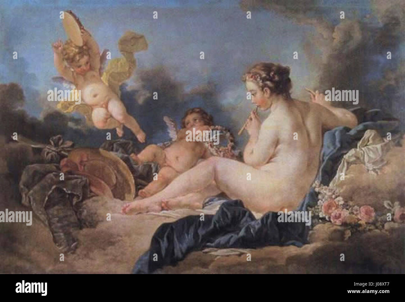 'La muse Euterpe' de François Boucher est une peinture rococo mettant en vedette la muse de la musique, Euterpe. La peinture la capture dans une robe fluide, jouant de la flûte, incarnant l'essence de la musique et de la beauté artistique. Banque D'Images