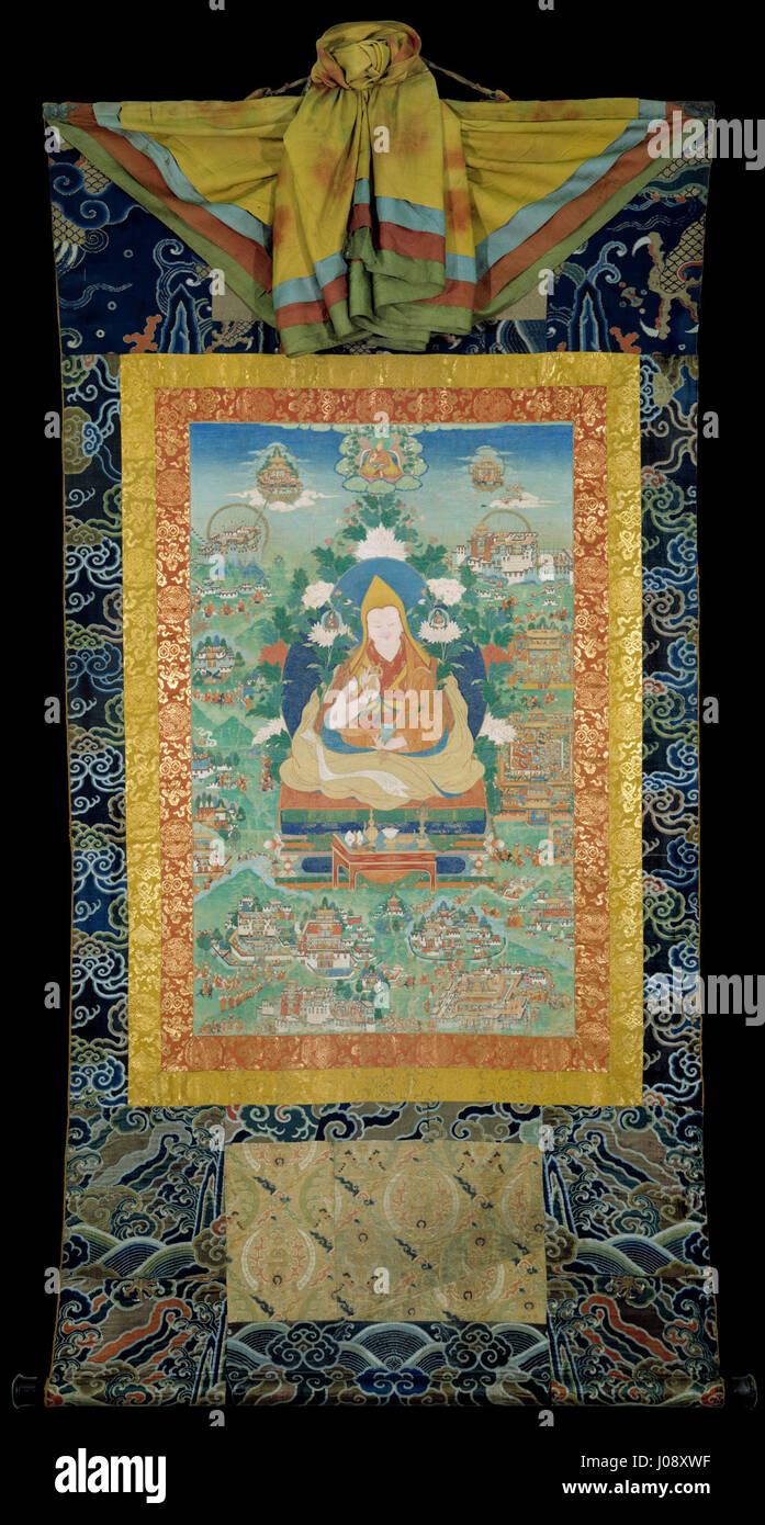 Cette peinture représente le cinquième dalaï-lama descendant des terres pures, un événement important dans le bouddhisme tibétain. L'œuvre reflète les croyances religieuses et culturelles des traditions tibétaines et la vie du Dalaï Lama. Banque D'Images