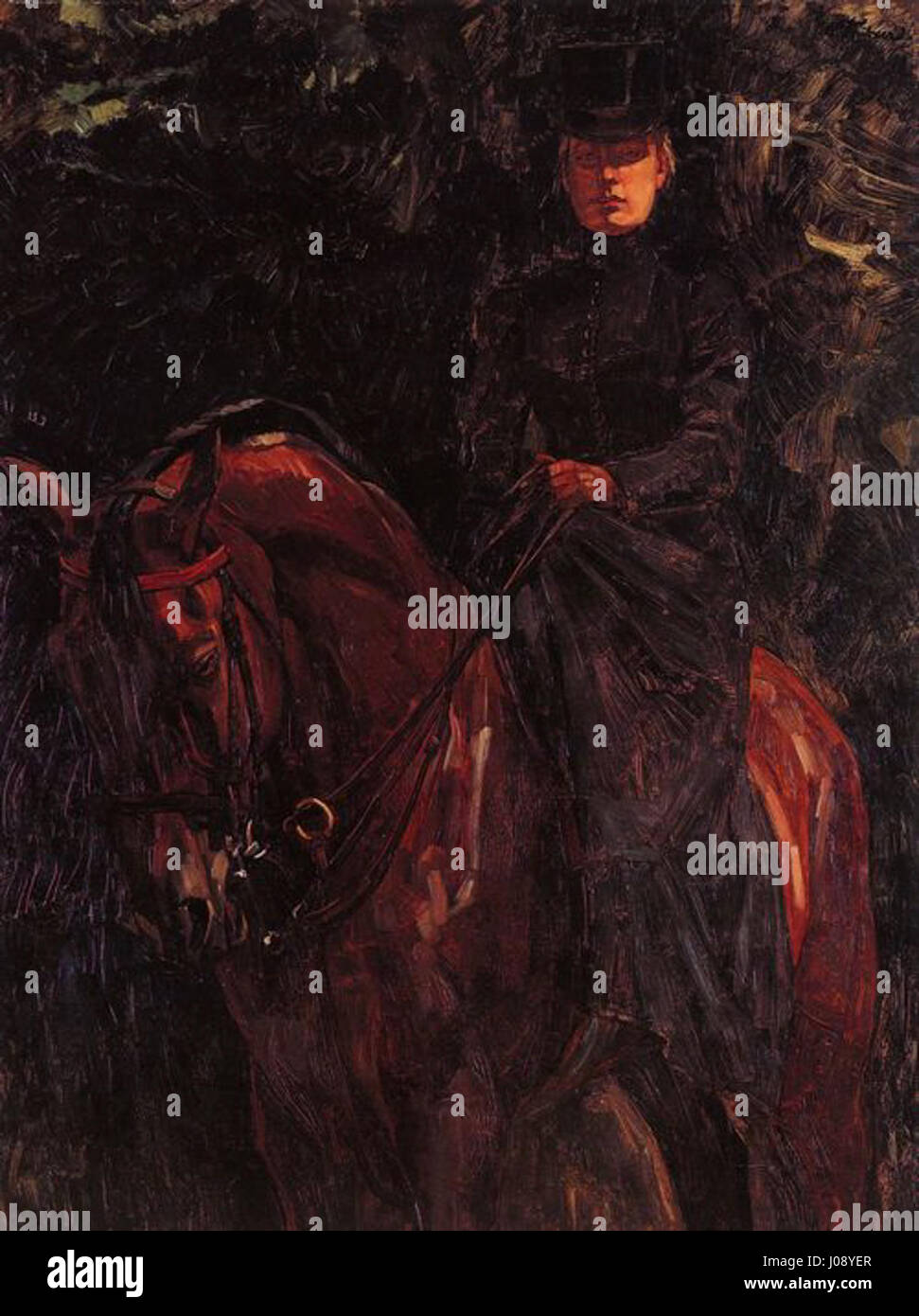 Ida Görz zu Pferde de Wilhelm Trübner (Ida Görz à cheval) dépeint une femme dans une posture équestre digne. La peinture reflète l’habileté de Trübner à capturer la forme et le mouvement humains, soulignant l’élégance du sujet et sa tenue vestimentaire. Banque D'Images