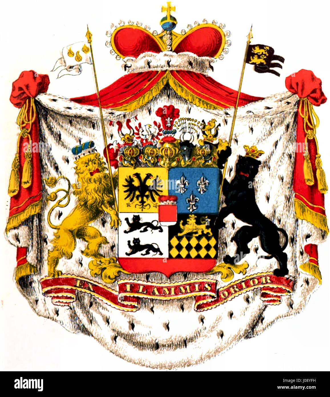 Le Wappen der Fürsten Hohenlohe-Langenburg de 1764 est un emblème héraldique représentant la famille régnante de Hohenlohe-Langenburg. Il met en valeur le design distinctif et les symboles de la lignée noble de cette époque. Banque D'Images