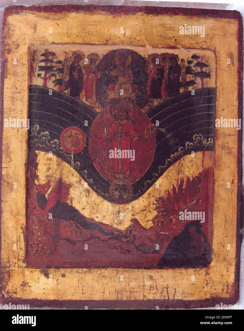 'Женщина в Красном и Белаая Лошадь' (femme en cheval rouge et blanc) est une œuvre d'art mettant en vedette une femme vêtue de rouge avec un cheval blanc, symbolisant à la fois l'élégance et la force dans un cadre historique romancé. Banque D'Images