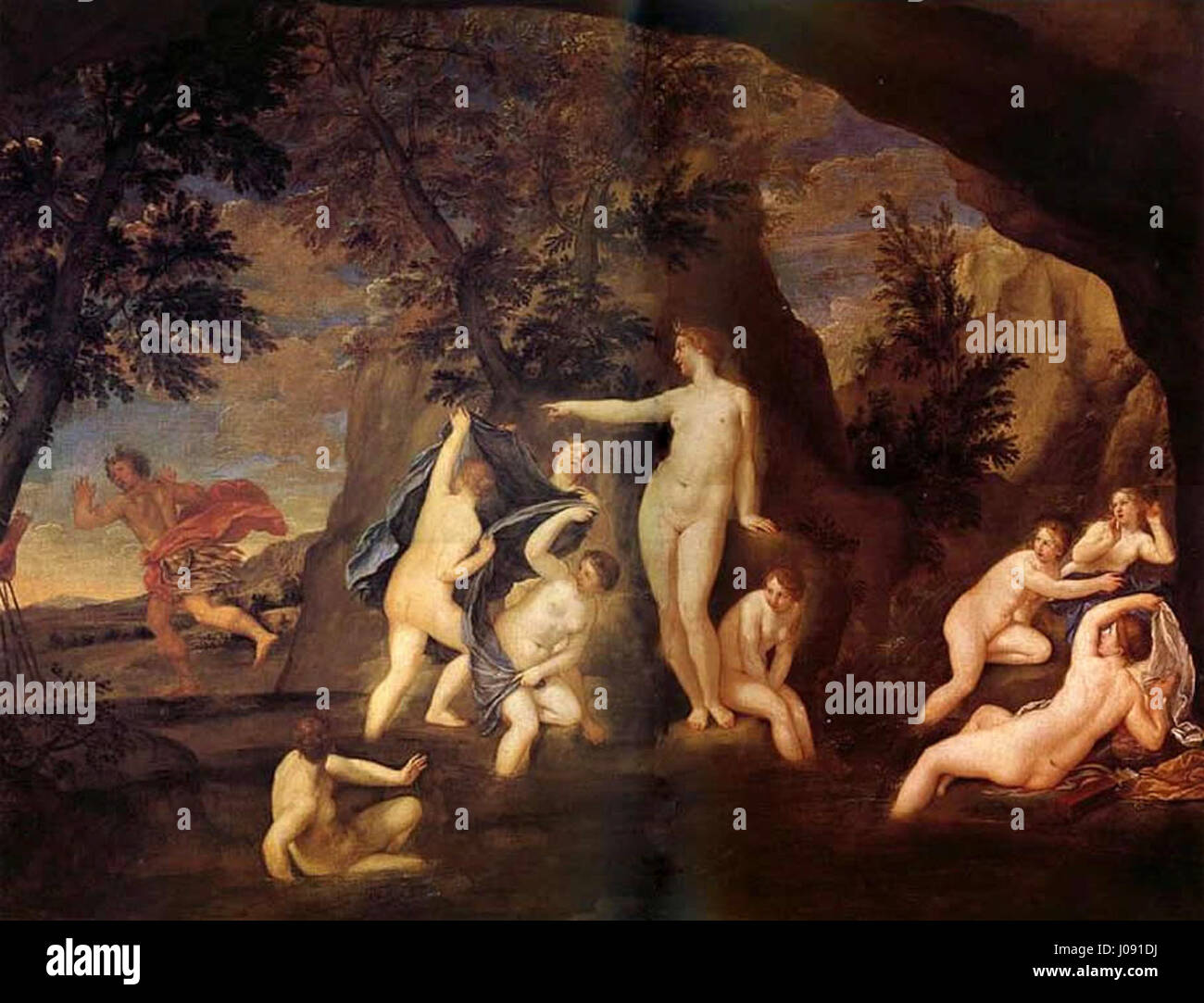 Actéon métamorphosé en cerf de Francesco Albani dépeint le mythe d'Actaeon de la mythologie grecque, où il est transformé en cerf. Le travail d’Albani capture le moment de la transformation avec une composition fluide et une utilisation des couleurs vives. Banque D'Images