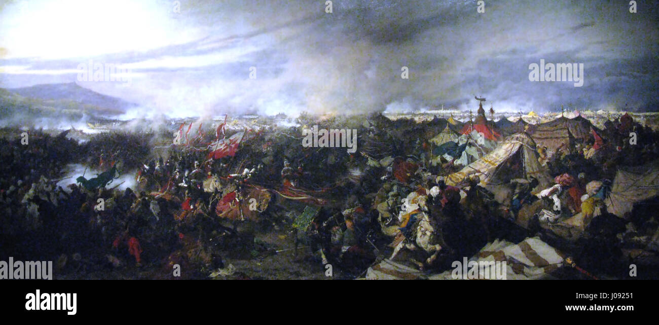 La description de la bataille de Vienne par Józef Brandt (1683) capture le conflit historique entre l’Empire ottoman et la coalition européenne dirigée par les Polonais, soulignant l’ampleur et le drame de la bataille. Banque D'Images