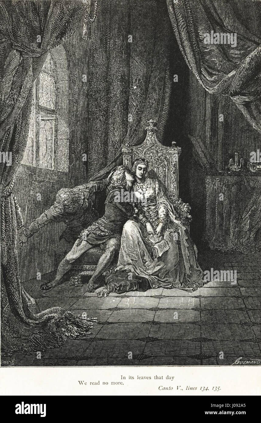 Illustration de Gustave Doré pour l’Enfer de Dante Alighieri, Planche 17, représentant Francesca di Rimini et son beau-frère, tirée du Chant V, créée à l’origine en 1857. Banque D'Images