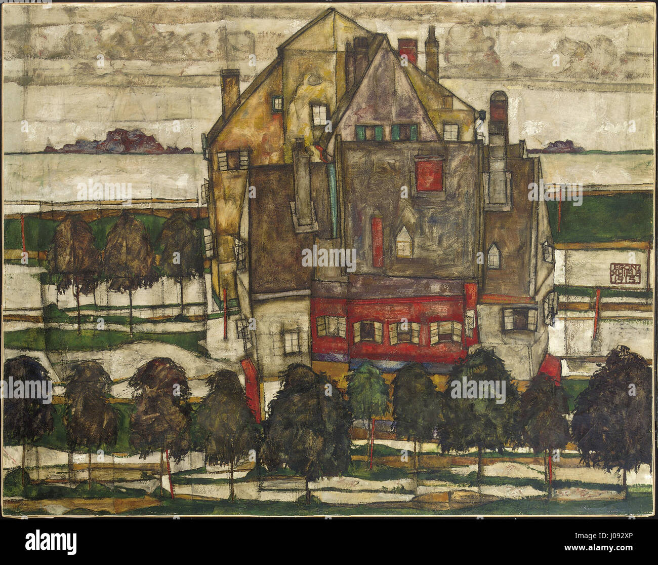 'Einzelne Häuser' (maisons individuelles) est une peinture de 1915 de l'artiste autrichien Egon Schiele (1890-1918). Connu pour son style expressionniste, le travail de Schiele capture les formes architecturales et l’intensité émotionnelle du début du XXe siècle. Banque D'Images