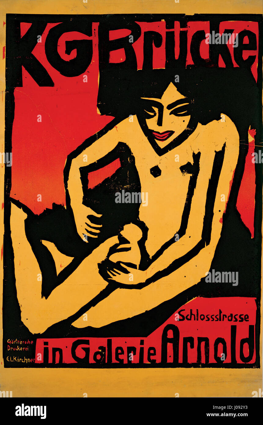 « Affiche pour l'exposition du groupe d'artistes Die Brücke à la Arnold Gallery Dresde » d'Ernst Ludwig Kirchner est un exemple frappant de design expressionniste. L'affiche reflète le style audacieux du groupe Die Brücke, utilisant des lignes nettes et des couleurs vives pour transmettre l'esprit d'avant-garde du groupe et leur vision artistique au début du XXe siècle en Allemagne. Banque D'Images