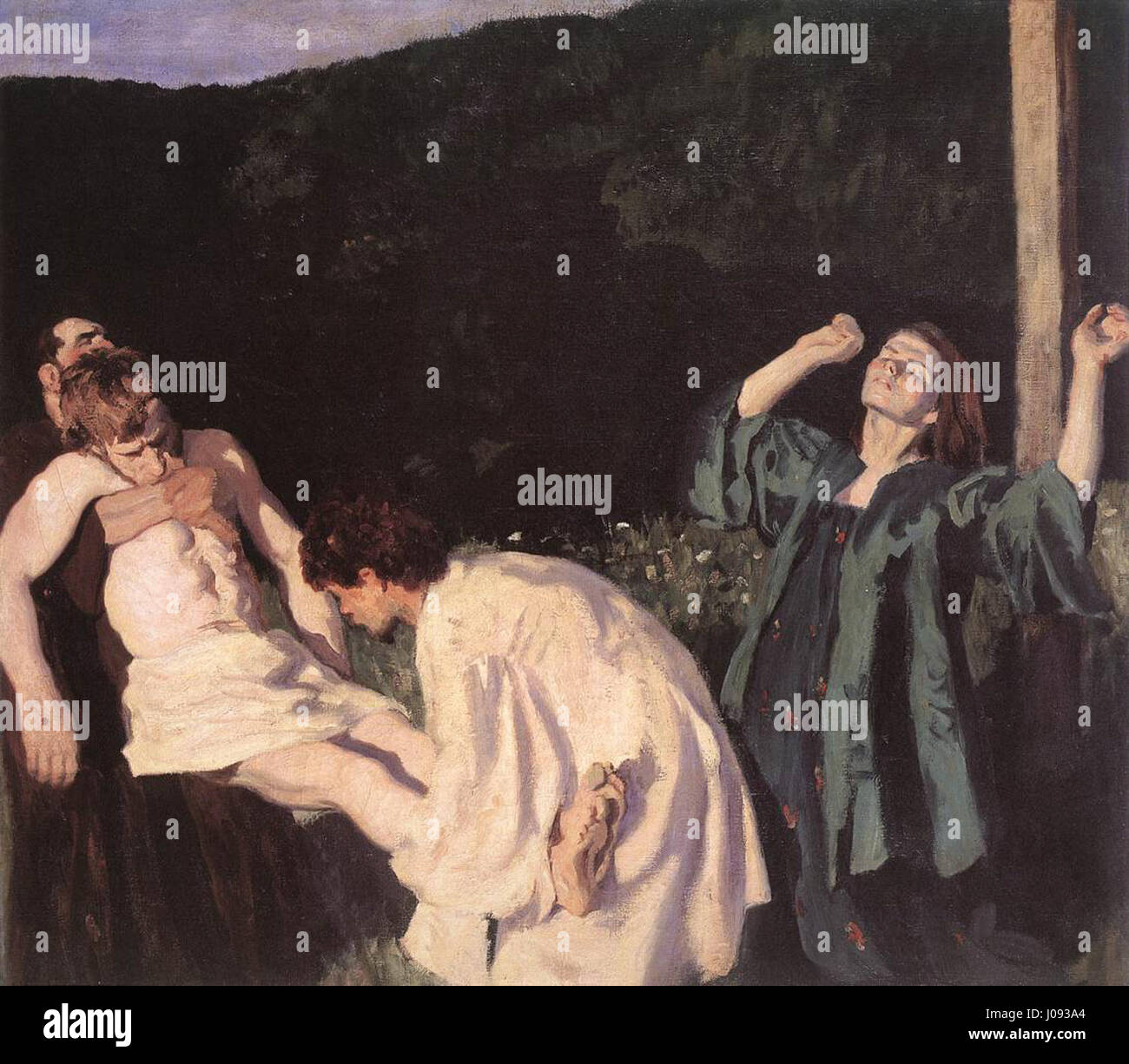 Le tableau de 1903 de Károly Ferenczy, "Déposition de la croix", représente un moment poignant de la passion du Christ, se concentrant sur le moment où le corps du Christ est enlevé de la croix. L'œuvre reflète l'habileté de Ferenczy à capturer des moments émotionnels dramatiques et des thèmes religieux. Banque D'Images
