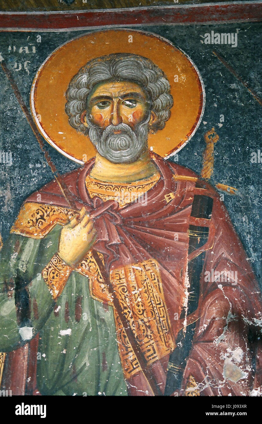 Les fresques de Nicolas de Varos, créées en 184 par un artiste inconnu, représentent des scènes de la vie de saints et de personnalités religieuses. L'œuvre est caractéristique de l'art religieux du XIXe siècle, avec des couleurs vives et des détails complexes reflétant la signification spirituelle et culturelle de l'époque. Banque D'Images