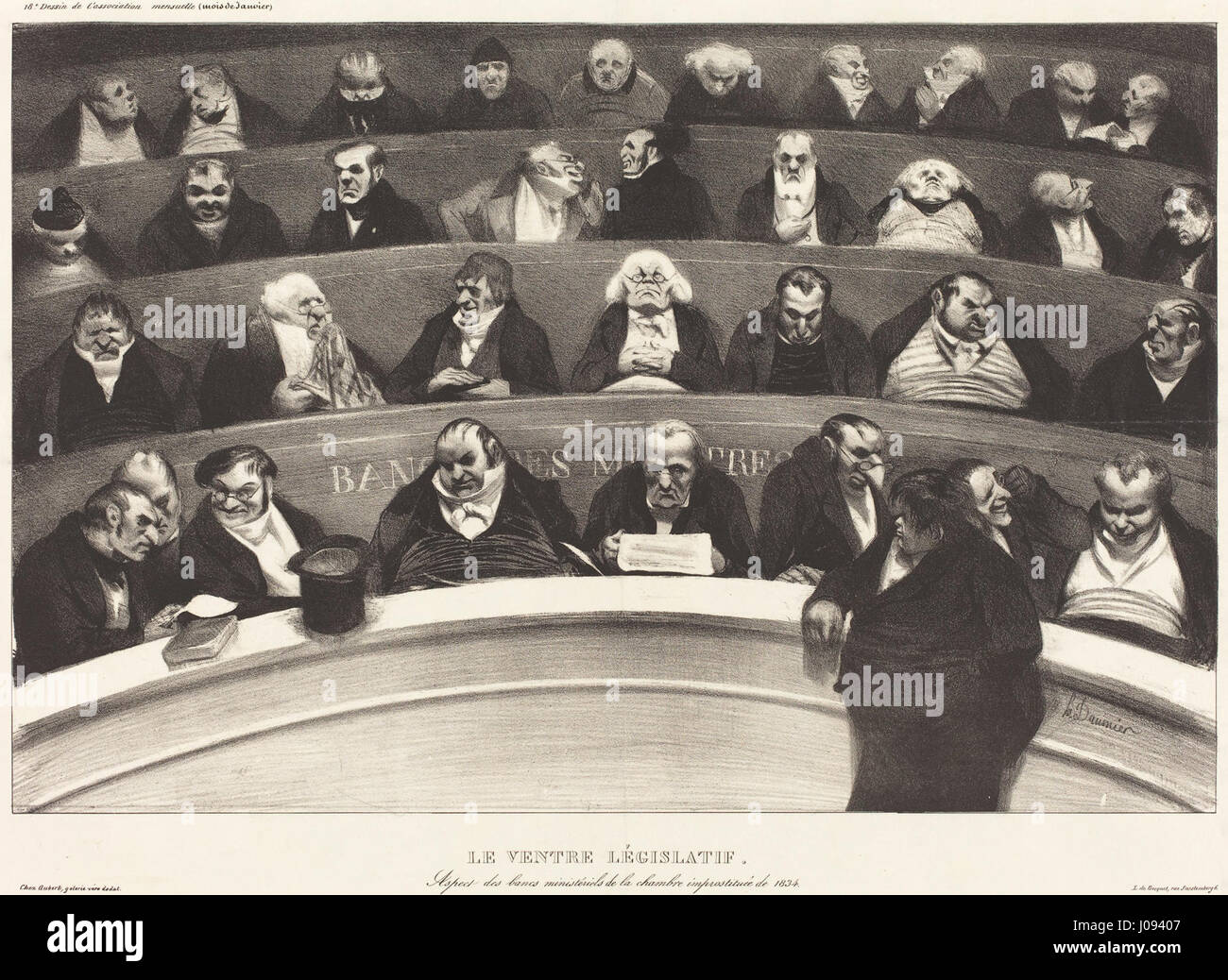 La lithographie satirique d'Honoré Daumier, le ventre législatif, critique le législateur français, illustrant les excès politiques de l'époque à travers la caricature et les figures exagérées. Banque D'Images