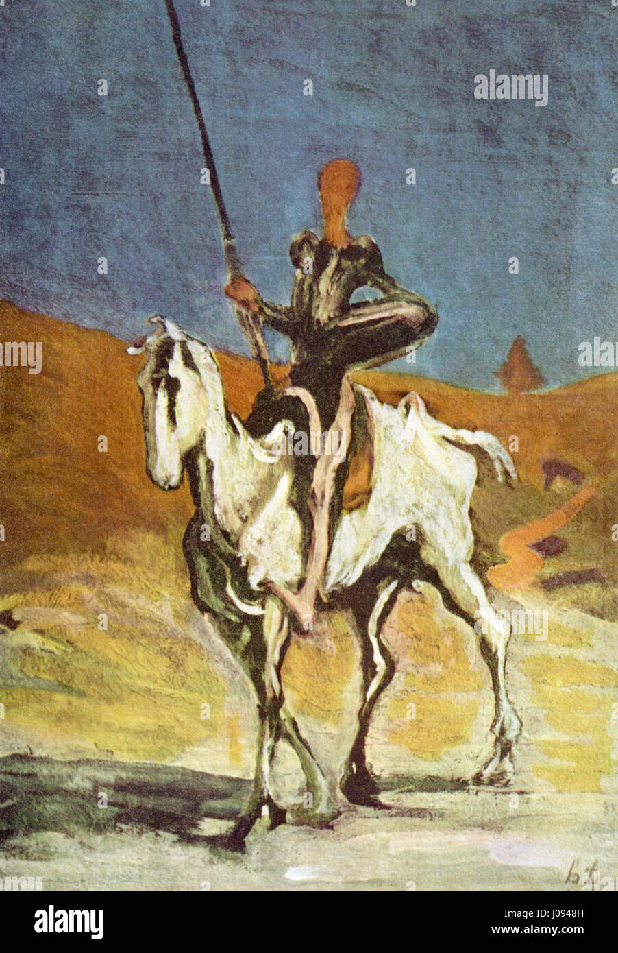 L’illustration d’Honoré Daumier intitulée « Don Quichotte » (017) reflète la capacité de l’artiste à capturer des personnages littéraires avec des caricatures expressives. Le travail de Daumier comportait souvent des prises satiriques sur des questions contemporaines, utilisant l'humour et des lignes nettes pour transmettre des commentaires sociaux. Banque D'Images