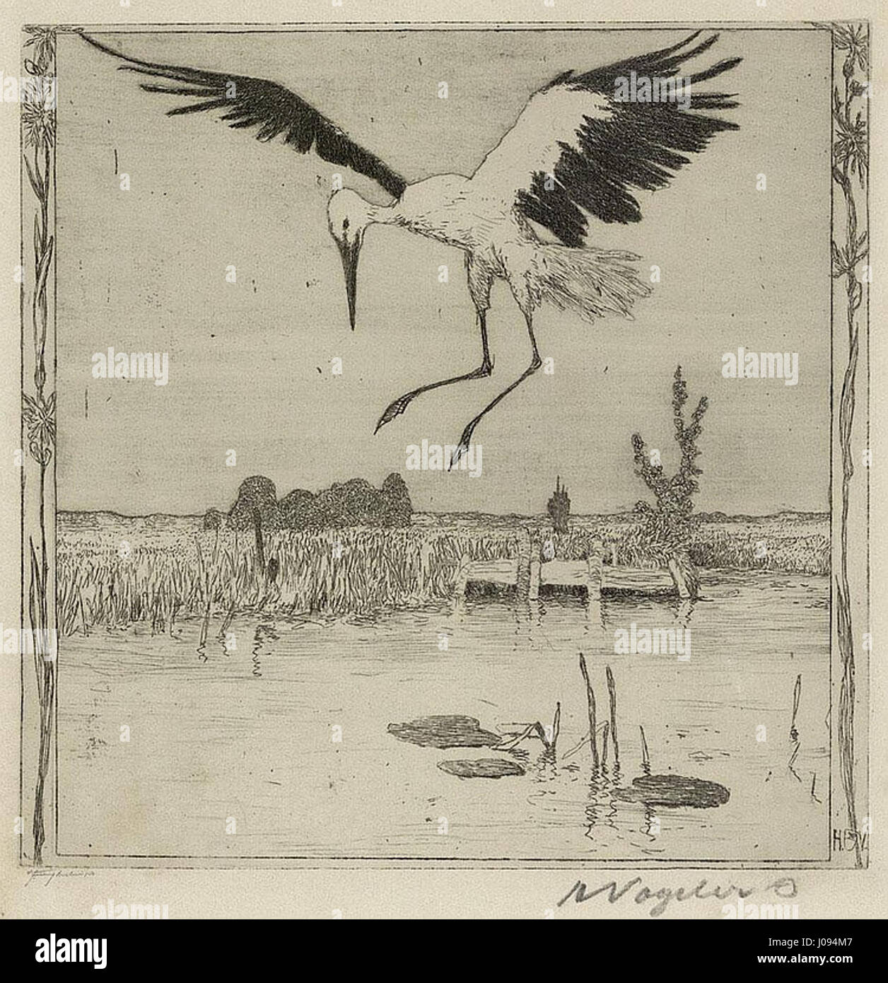 'Storch überm Weiher' de Heinrich Vogeler représente une cigogne au-dessus d'un étang, incarnant le lien de l'artiste avec la nature et son style distinctif de peinture de paysage. Banque D'Images 'Storch überm Weiher' de Heinrich Vogeler représente une cigogne au-dessus d'un étang, incarnant le lien de l'artiste avec la nature et son style distinctif de peinture de paysage. Banque D'Images