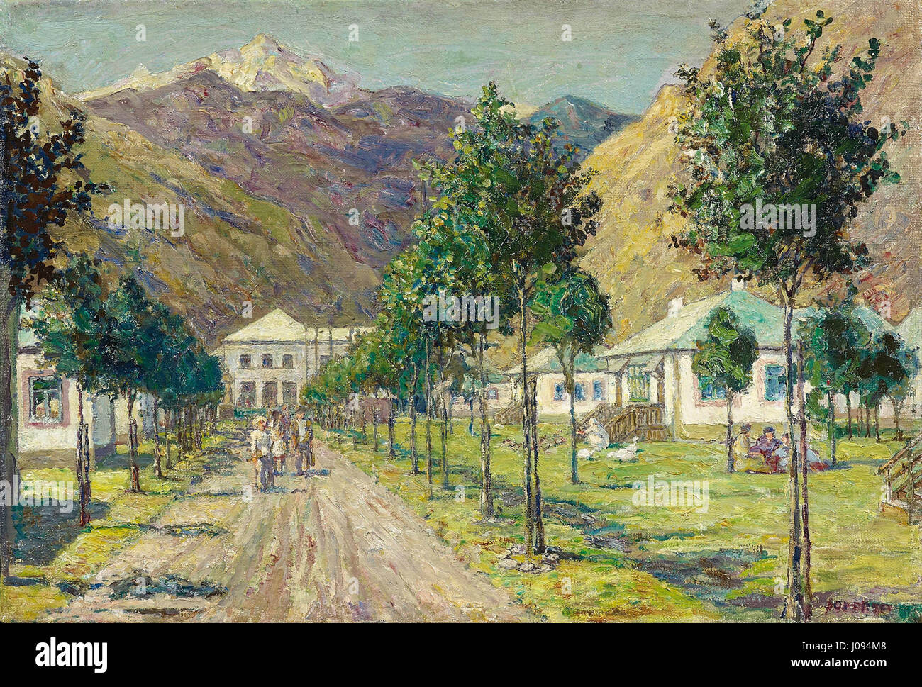 Une peinture de Heinrich Vogeler, intitulée 'Tyrnyaus-Kombinat Neues Städtchen', représentant une nouvelle colonie à Kabardino-Balkarien, Russie, vers 1940. L'œuvre d'art capture l'architecture et la disposition de la colonie. Banque D'Images Une peinture de Heinrich Vogeler, intitulée 'Tyrnyaus-Kombinat Neues Städtchen', représentant une nouvelle colonie à Kabardino-Balkarien, Russie, vers 1940. L'œuvre d'art capture l'architecture et la disposition de la colonie. Banque D'Images