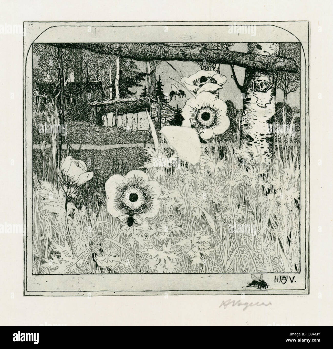 'Frühlingsblumen Radierung' de Heinrich Vogeler est une gravure qui représente des fleurs printanières dans un style délicat et complexe. La pièce capture la vitalité fraîche de la saison avec des lignes douces et des éléments floraux détaillés. Banque D'Images 'Frühlingsblumen Radierung' de Heinrich Vogeler est une gravure qui représente des fleurs printanières dans un style délicat et complexe. La pièce capture la vitalité fraîche de la saison avec des lignes douces et des éléments floraux détaillés. Banque D'Images