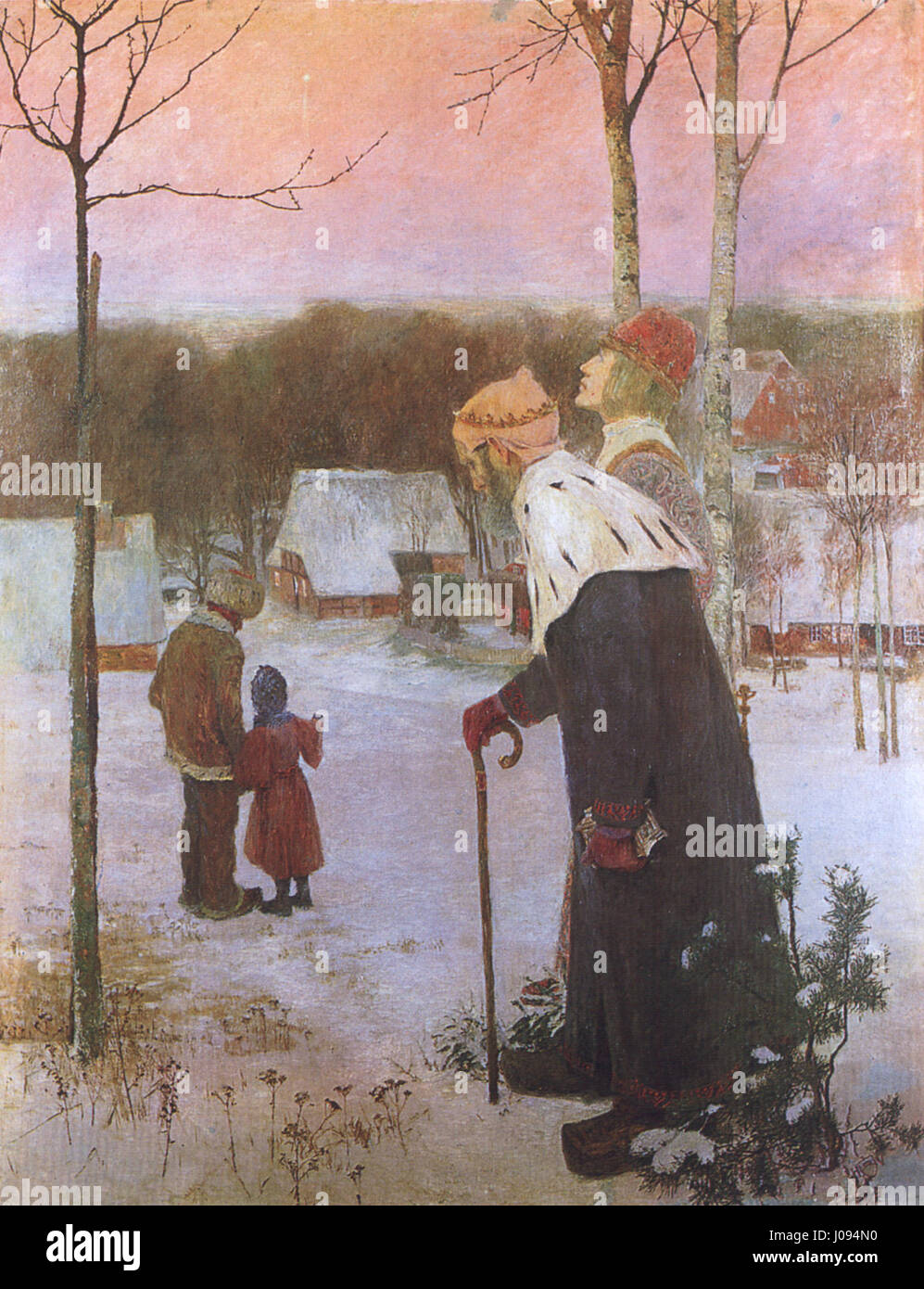 'Wintermärchen (les trois Sages)' de Heinrich Vogeler, 1897 : cette peinture représente la scène biblique des trois Sages dans un paysage hivernal, rendu avec des couleurs vives et des détails fins. Banque D'Images