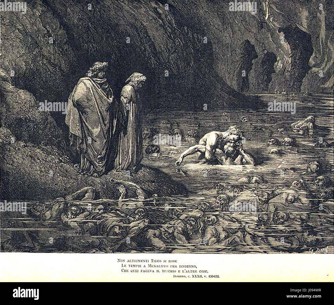 Une gravure de Gustave Dorè, un artiste français, illustrant une scène du Chant 32 de l’Enfer, montrant des personnages en robes près d’un plan d’eau avec d’autres submergés ou luttant, suggérant un récit mythologique ou allégorique. Banque D'Images