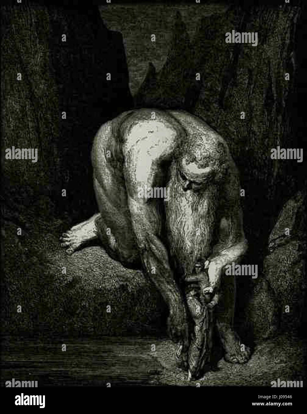 Une gravure de l’Enfer, Chant 31 par Gustave Doré, un artiste et illustrateur français, représentant une figure musclée et barbusse, penchée, tenant un bâton, sur un fond sombre et rocheux. Banque D'Images