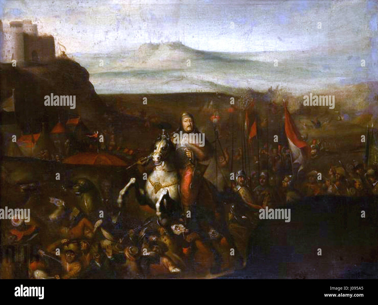 Cette représentation montre Jean III Sobieski de Pologne lors de la bataille de Põrkány en 1683, un événement clé dans les guerres polono-ottomanes, où Sobieski a joué un rôle crucial dans la défense de la Pologne contre les forces ottomanes. Banque D'Images