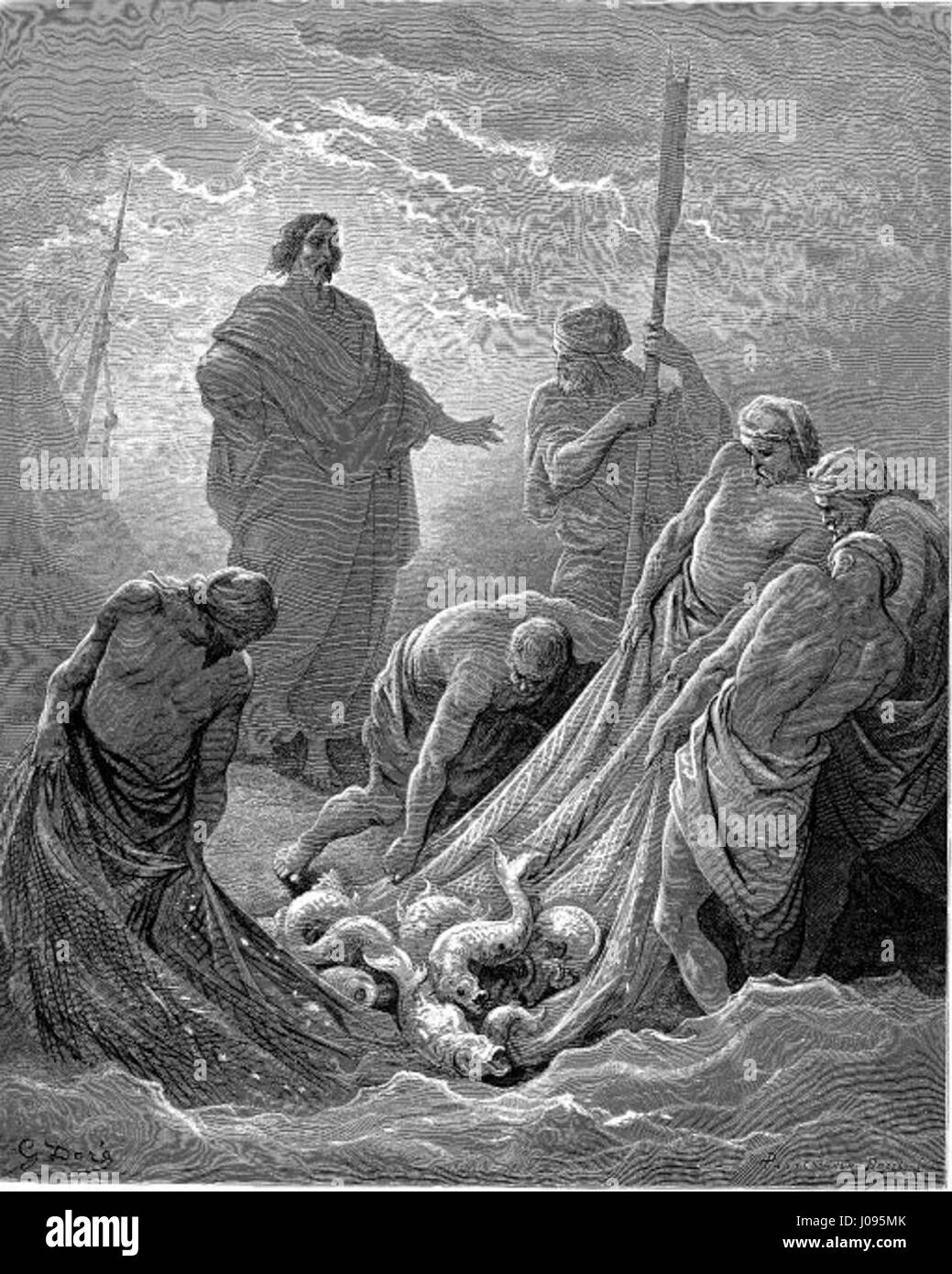 « La pêche miraculeuse » de Gustave Doré illustre une scène biblique de l’Évangile de Jean, où le Christ aide ses disciples à attraper des poissons. La peinture capture un moment d’intervention divine, avec un éclairage dramatique et des figures détaillées. Banque D'Images