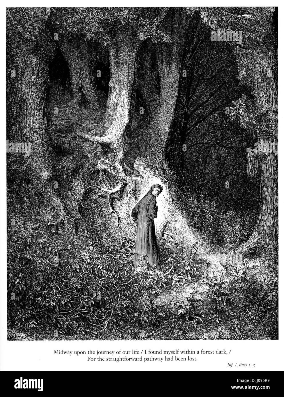 Illustration de Gustave Doré pour l’Enfer de Dante Alighieri, Planche 1, présentant les premières lignes du Chant I, créée à l’origine en 1857. Banque D'Images