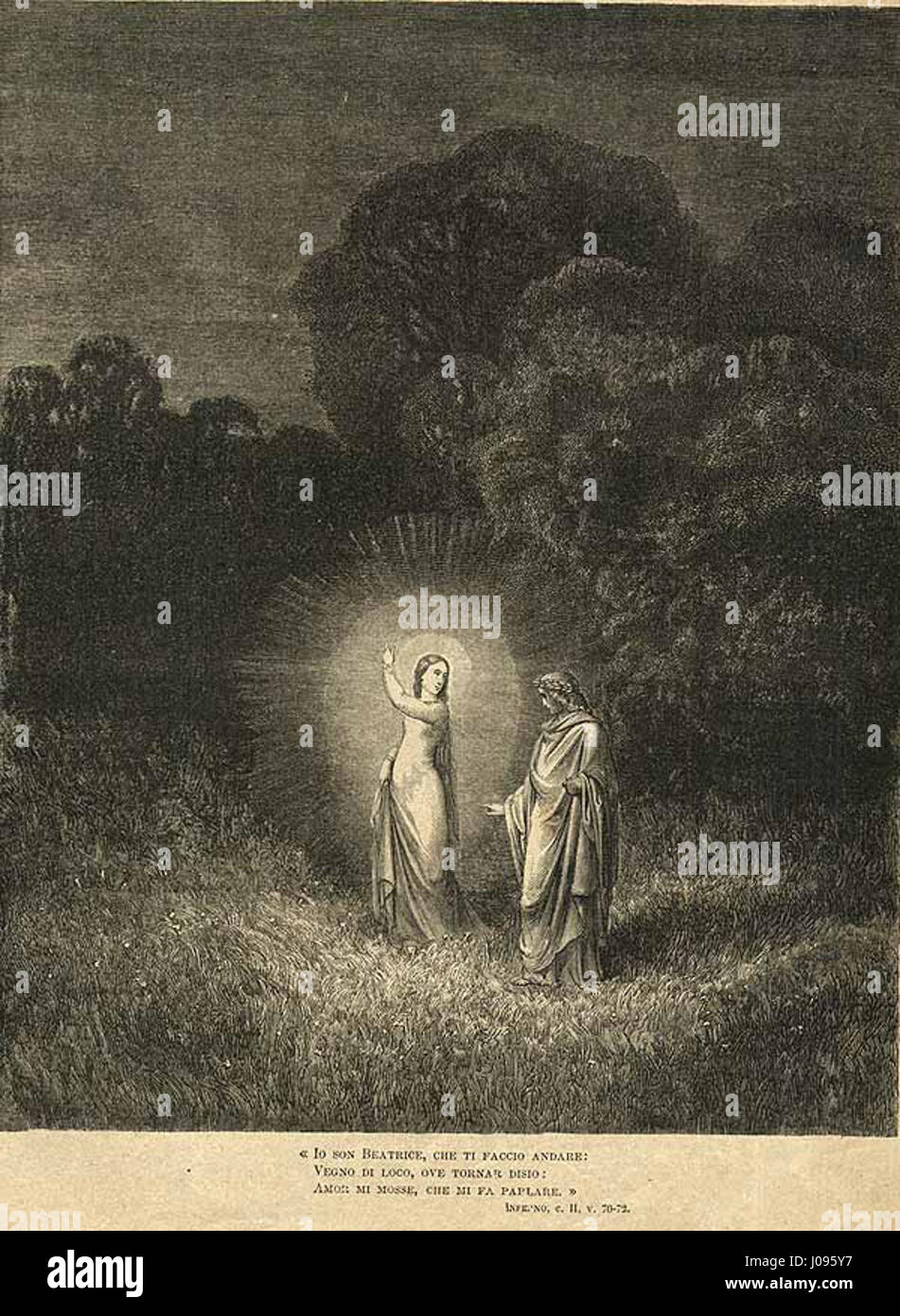 Une gravure de l’Inferno Canto 2 par Gustave Doré, un artiste et illustrateur français, présentant une figure dans une lumière auréolée parlant à une autre figure dans un paysage sombre. Banque D'Images