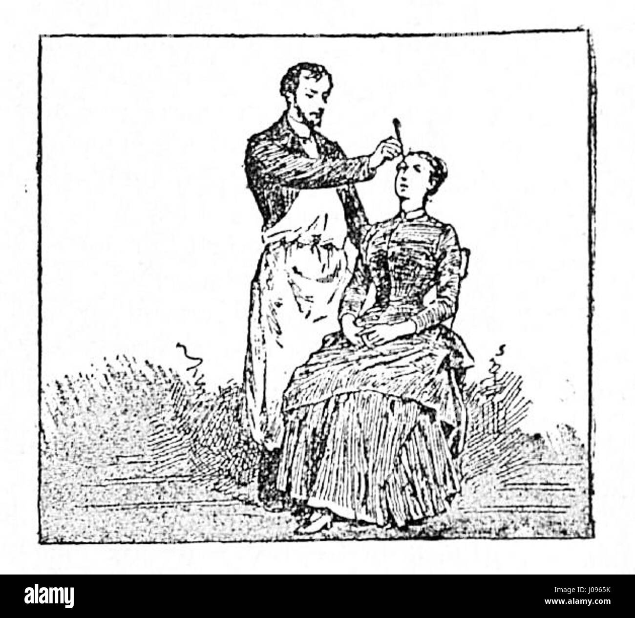 Une illustration dans le numéro du 20 mars 1888 de 'Gazeta Săteanului' montre une procédure hypnotique pour rendre une femme inconsciente pour une chirurgie indolore. Le contexte historique des avancées médicales dans la gestion de la douleur au cours de cette période est souligné dans la représentation visuelle. Banque D'Images