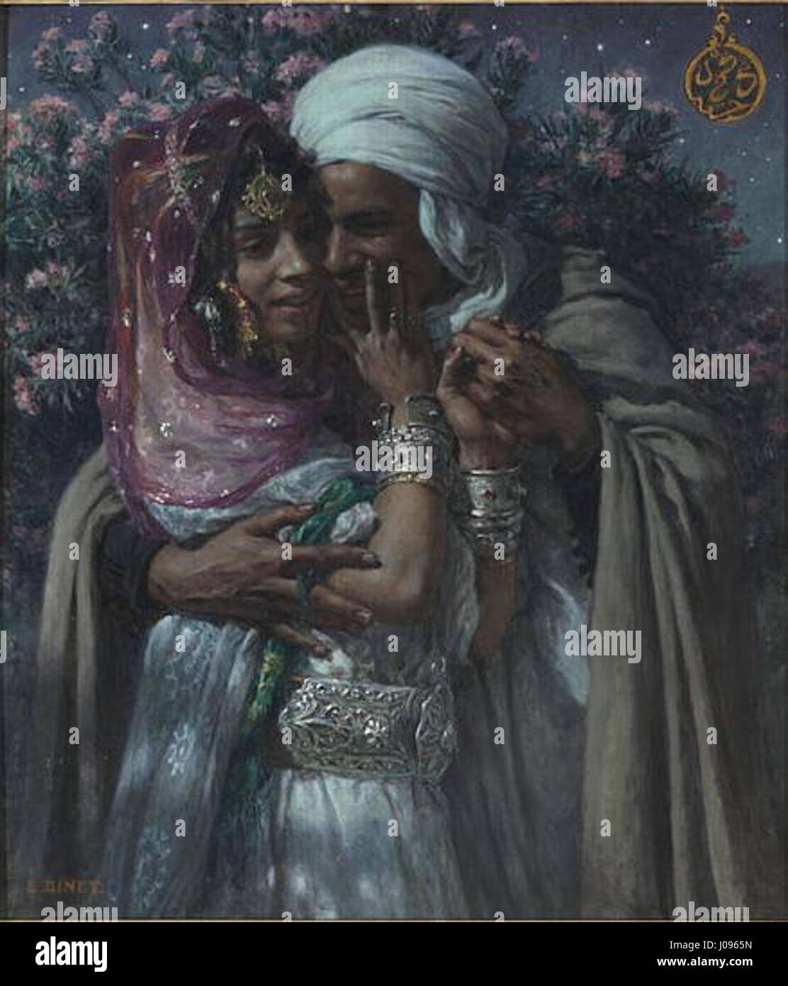 Légende arabe, esclave d'amour, lumière des yeux est une représentation romantique et dramatique d'une histoire d'amour arabe. La peinture capture l'intensité de l'amour et du désir à travers sa représentation vivante des figures centrales, mettant en évidence les thèmes de la passion, du désir et du symbolisme culturel. Banque D'Images