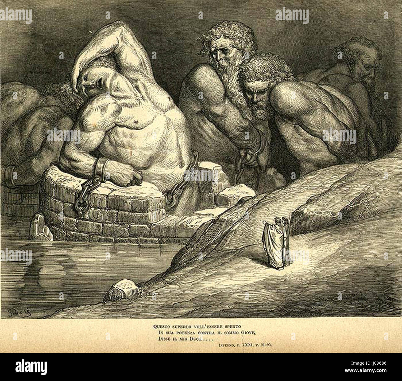Une gravure de Gustave Dorè, un artiste français, illustrant le chant 31 de l’Enfer de Dante, montrant des figures musclées liées à des blocs de pierre. Banque D'Images