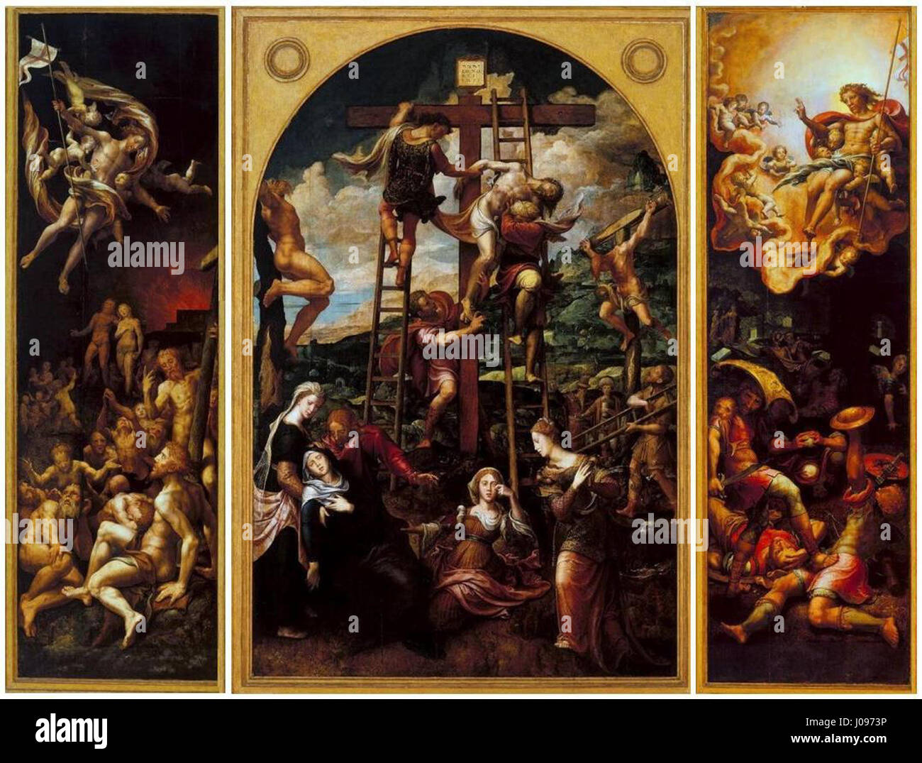 Le 'Tríptico da Vida de Cristo' (triptyque de la vie du Christ) de Pieter Coecke van Aelst est un retable religieux représentant des moments clés de la vie de Jésus-Christ. Le triptyque, œuvre de la Renaissance, présente des détails vibrants et une riche iconographie typique de la peinture flamande de l'époque. Banque D'Images