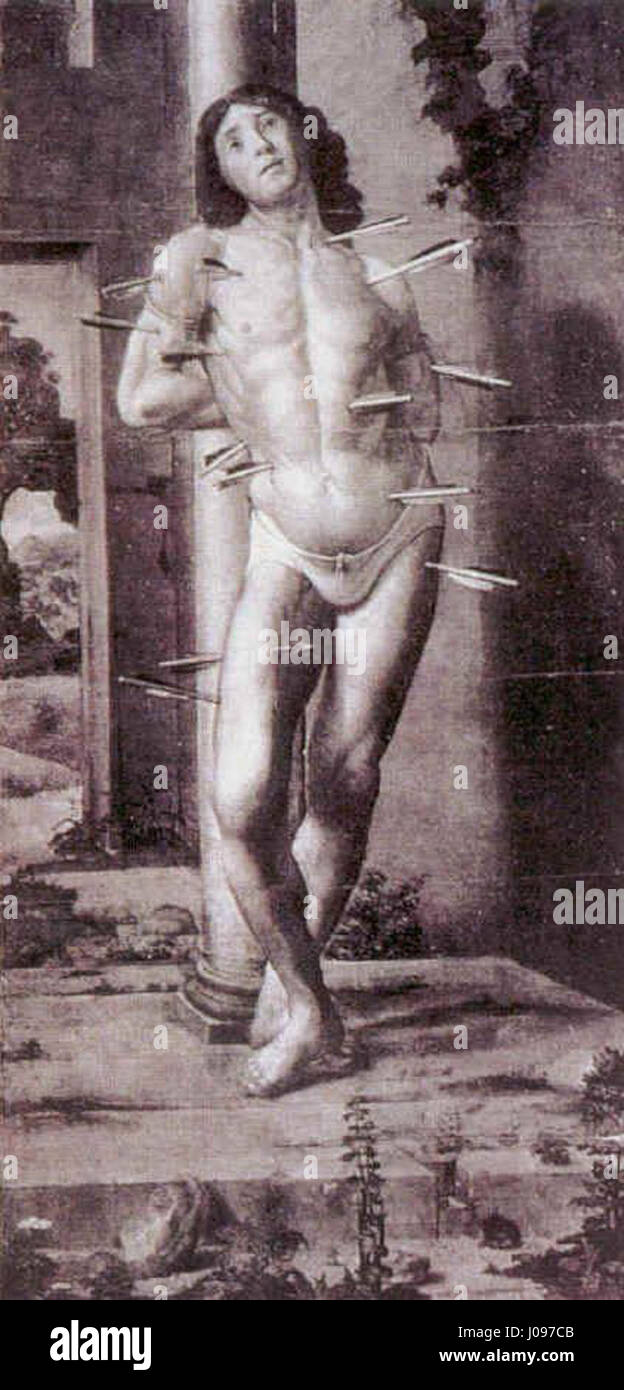 'Saint Sébastien' de Pedro González Berruguete, peintre espagnol de la Renaissance, représente le martyre de Saint Sébastien. L'œuvre met en valeur la maîtrise de Berruguete dans la transmission de l'intensité émotionnelle et de la précision anatomique. Banque D'Images