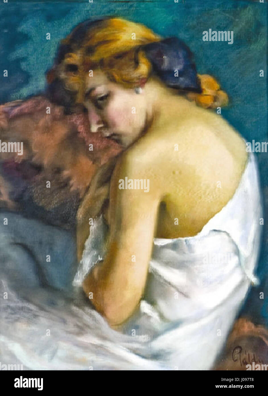 'The Model' de Páldy est une étude de figures en réalisme classique, se concentrant sur un modèle assis dans une pose naturelle. La peinture met en valeur la forme humaine avec une attention particulière à l'anatomie et aux proportions. Banque D'Images