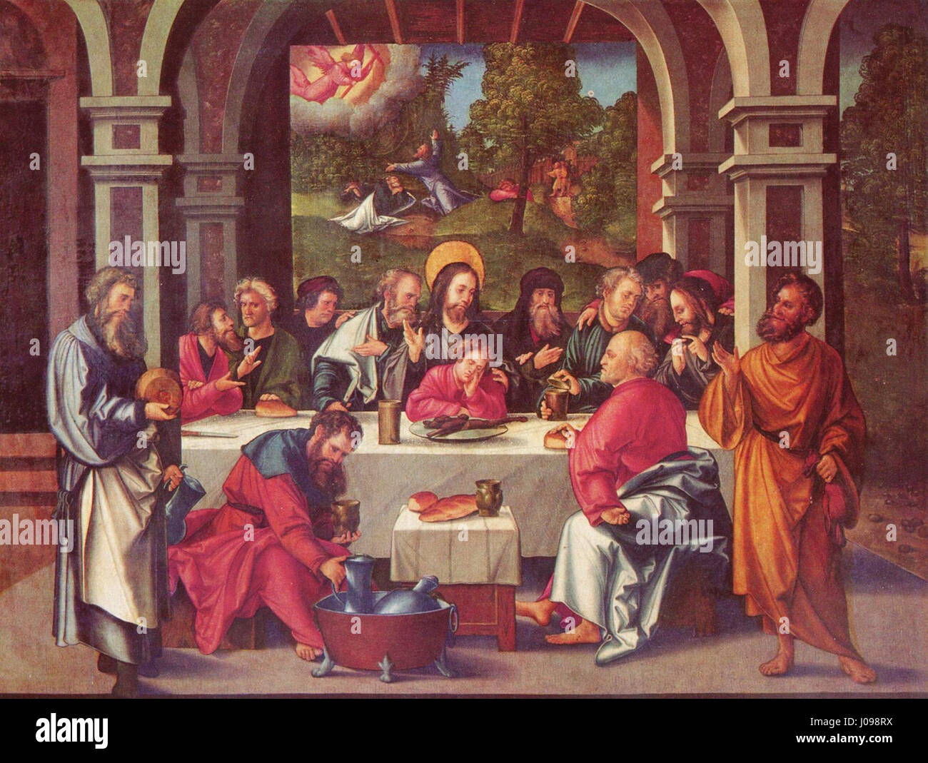 Une représentation de la dernière Cène, intitulée 'Abendmahl' par Hans Leonhard Schüfelein. Cette peinture du XVIe siècle capture la scène biblique avec des détails complexes et un accent sur l'expression émotionnelle dans les figures. Banque D'Images