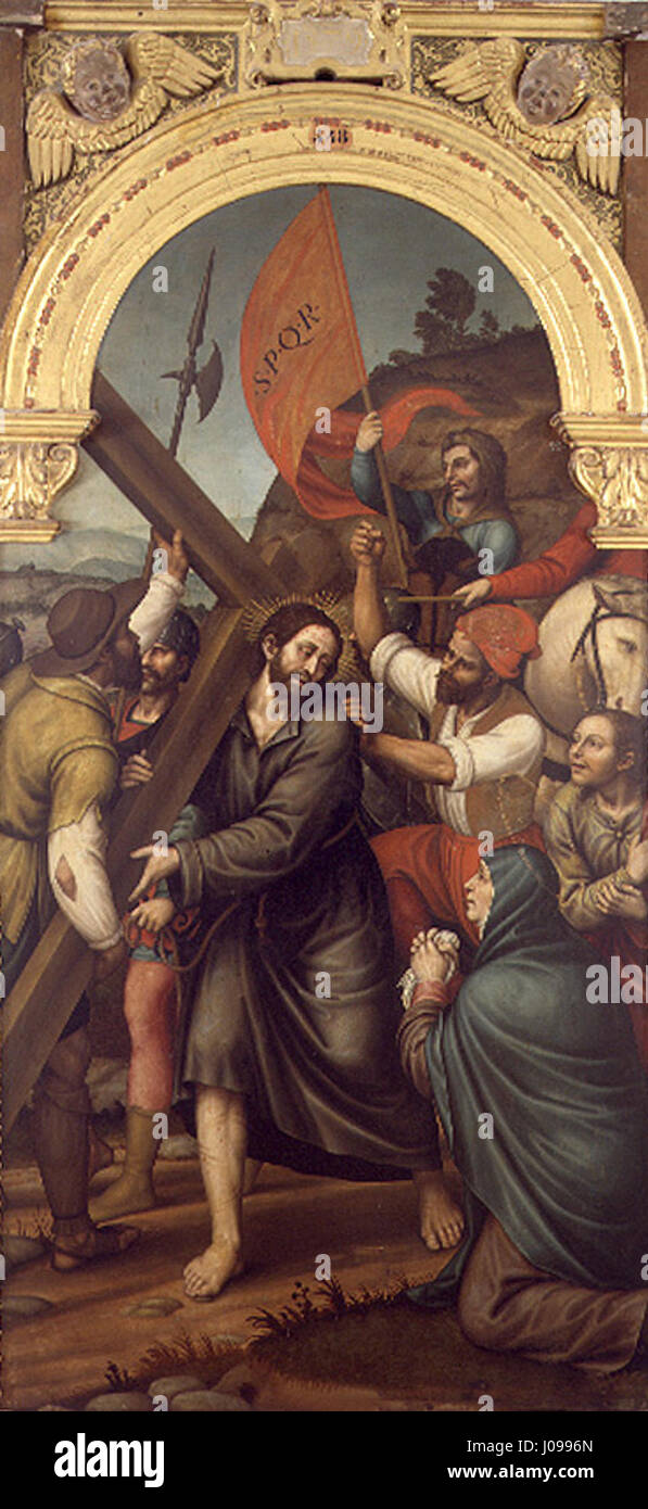 Cette œuvre, 'Trobada del Natzarí amb sa mare Camí del Calvari', représente une scène de tradition chrétienne, montrant la rencontre de Jésus (Natzarí) avec sa mère sur le chemin du Calvaire. La scène capte l’intensité émotionnelle de ce moment dans la passion du Christ. Banque D'Images