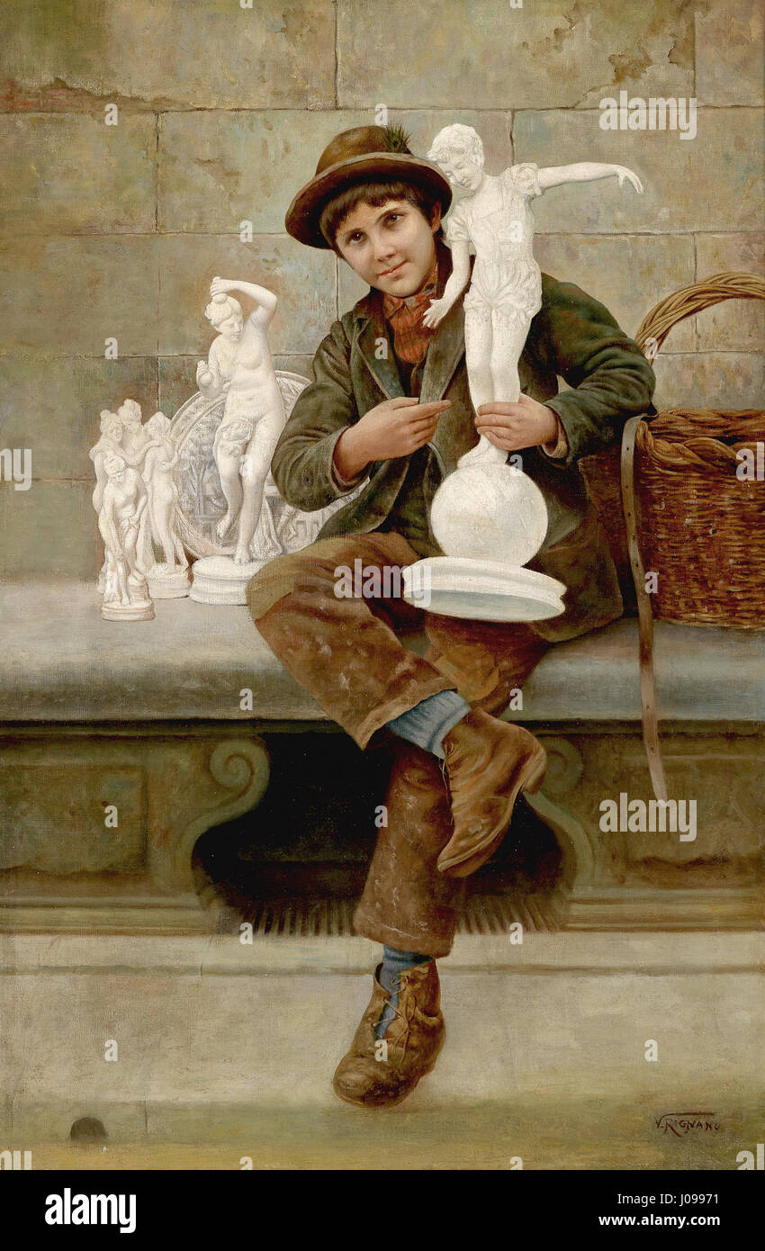 « Der Skulpturenverkäufer » de Vittorio Rignano représente un marchand de sculptures, probablement du XIXe siècle. La scène met en vedette un vendeur d'œuvres artistiques, reflétant l'appréciation culturelle des sculptures au cours de la période. Banque D'Images