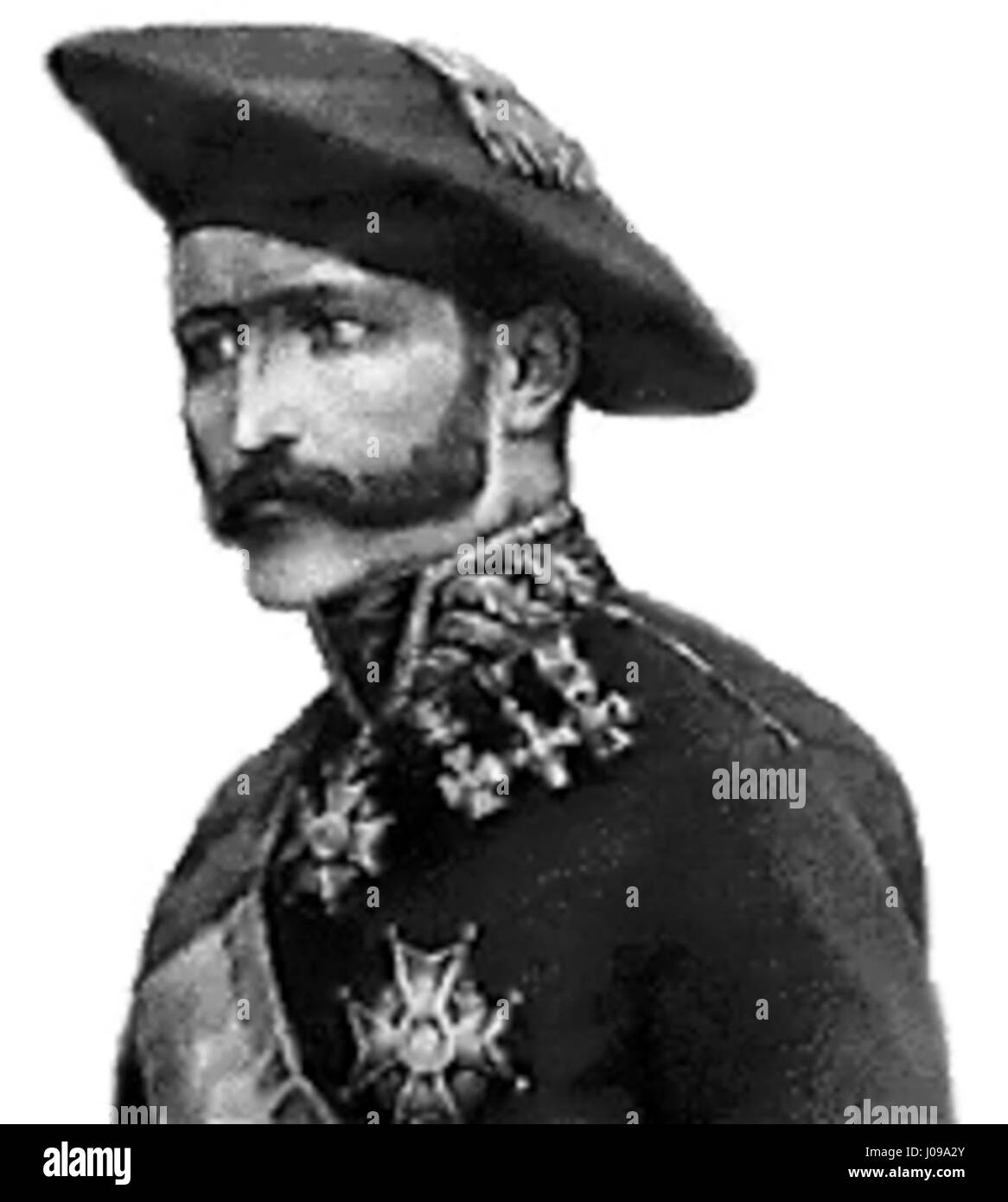 Ce portrait de Tomás de Zumalacárregui représente le général espagnol et figure clé des guerres carlistes. La peinture se concentre sur son leadership militaire, soulignant sa forte présence et son rôle stratégique pendant le conflit espagnol du XIXe siècle. Banque D'Images