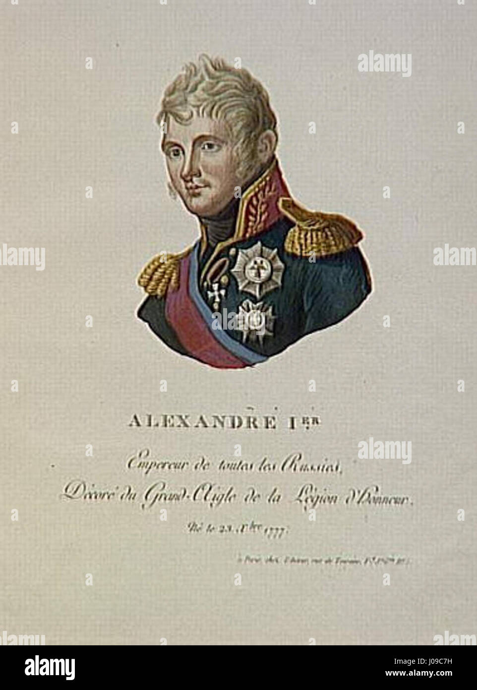 Alexandre Ier, empereur de toutes les Russies, né le 23 décembre 1777 est un portrait du tsar Alexandre Ier de Russie, né le 23 décembre 1777. La peinture représente le tsar en tenue royale, soulignant son statut et son époque. Banque D'Images