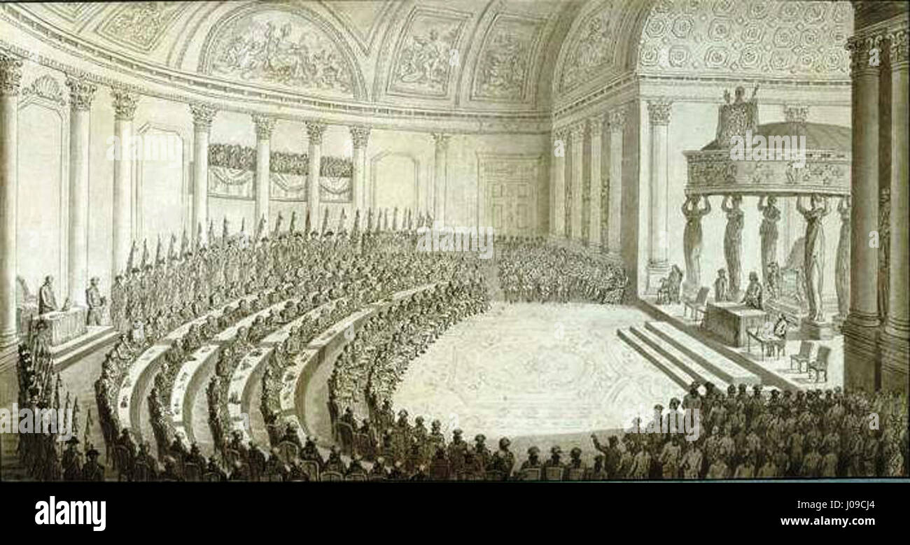 Cette scène historique de Bertaux représente la présentation des drapeaux de bataille au Sénat après la campagne d'Austerlitz. Le tableau commémore la victoire de Napoléon en 1805, mettant en valeur l’honneur et le symbolisme de l’événement. Banque D'Images