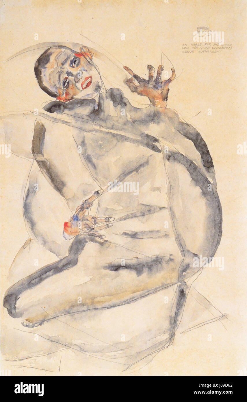 L’autoportrait d’Egon Schiele, « Ich werde für die Kunst und meine Geliebten gerne ausharren » (je vais endurer pour Art et ma bien-aimée), capture le style brut et émotionnel de l’artiste. Créée en 1912, cette pièce reflète la philosophie personnelle et la vision artistique de Schiele. Banque D'Images