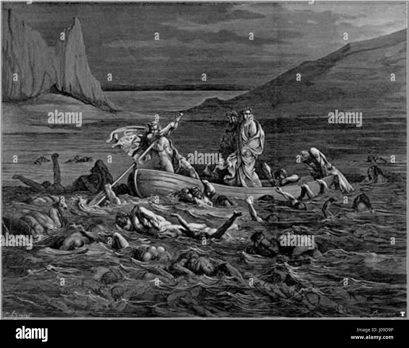 Une gravure de Gustave Doré, un artiste français, représentant une scène du fleuve Styx, avec des personnes dans un bateau entourées d'autres personnes dans l'eau, dans un paysage rocheux, suggérant un récit biblique ou mythologique. Banque D'Images