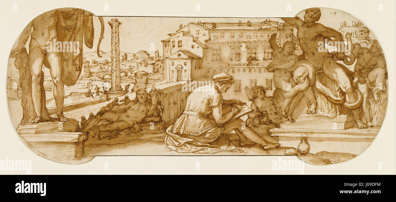Federico Zuccaro, un artiste italien de la Renaissance, a peint le célèbre Taddeo dans la cour du Belvédère au Vatican, dessinant le Laocoön Cette pièce reflète l'influence de l'antiquité classique et l'étude de sculptures antiques célèbres pendant la Renaissance. Banque D'Images