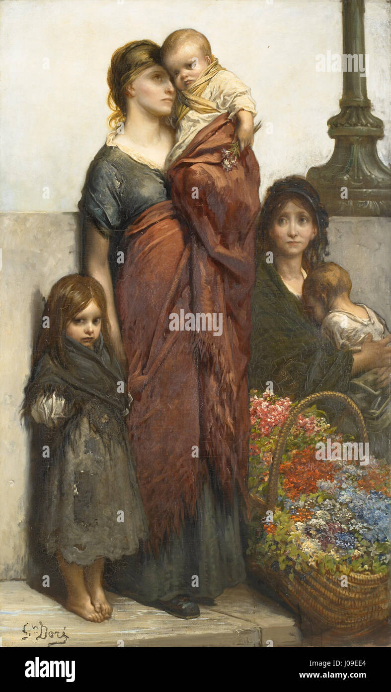 Vendeurs de fleurs de Londres, une peinture à l'huile sur toile de Gustave Doré, un artiste français, vers 1875. Banque D'Images
