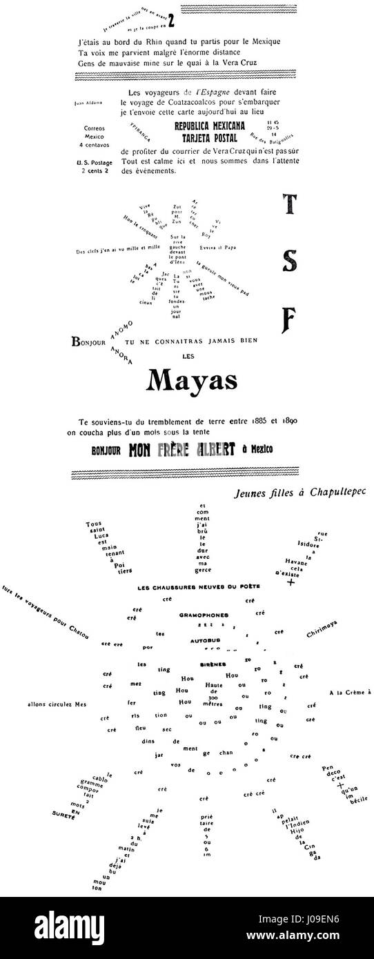 « Calligramme - lettre-océan » de Guillaume Apollinaire est un poème visuel qui combine texte et image. La pièce présente l'utilisation de la forme et de la forme par Apollinaire, créant une représentation visuelle de l'océan à travers des lettres et des mots soigneusement arrangés, reflétant l'expérimentation du poète avec les arts littéraires et visuels Banque D'Images