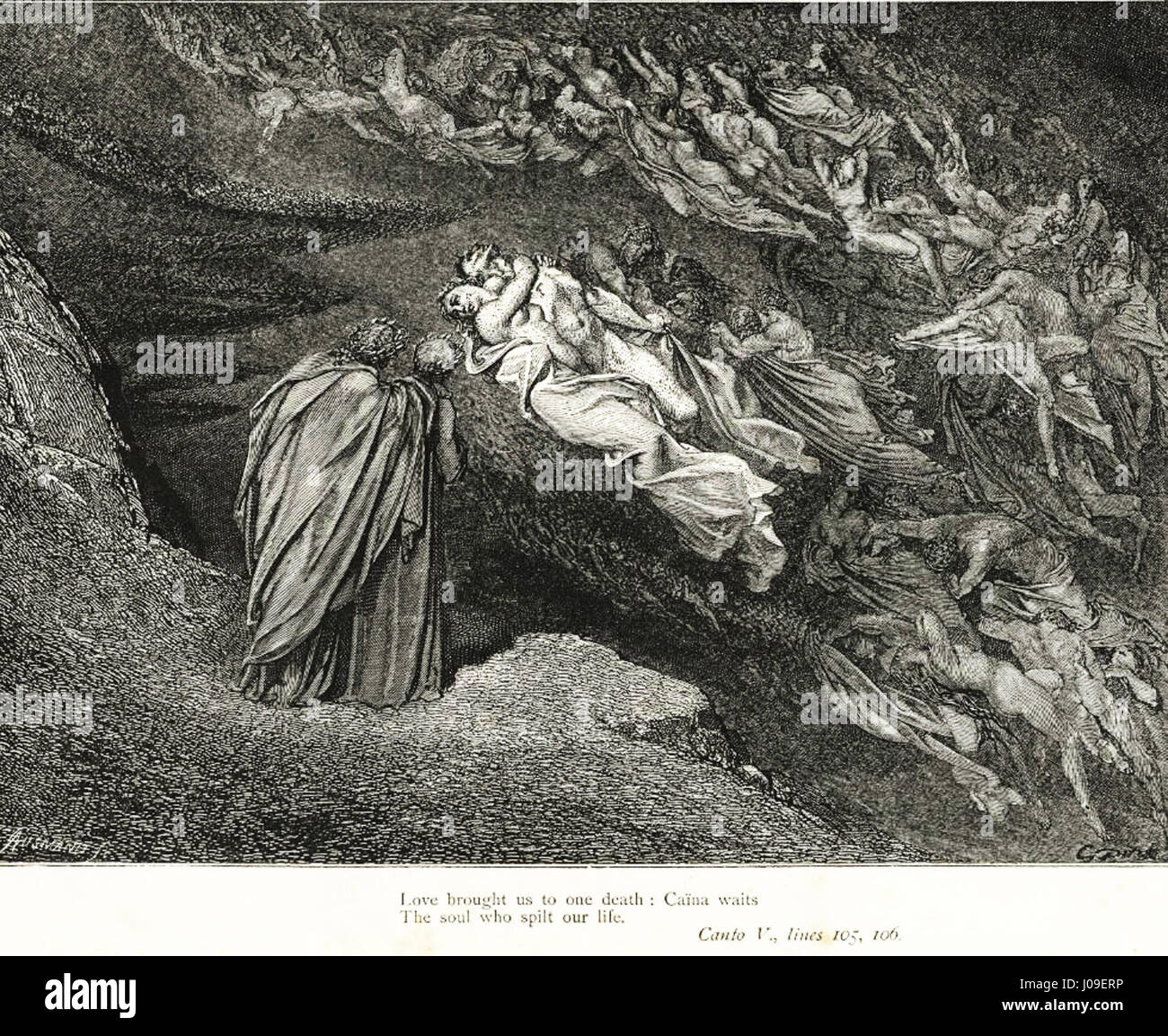 Illustration de Gustave Doré pour l’Inferno de Dante Alighieri, Planche 16, présentant Francesca di Rimini discutant son destin avec Dante et Virgile, du Chant V, créé à l’origine en 1857. Banque D'Images