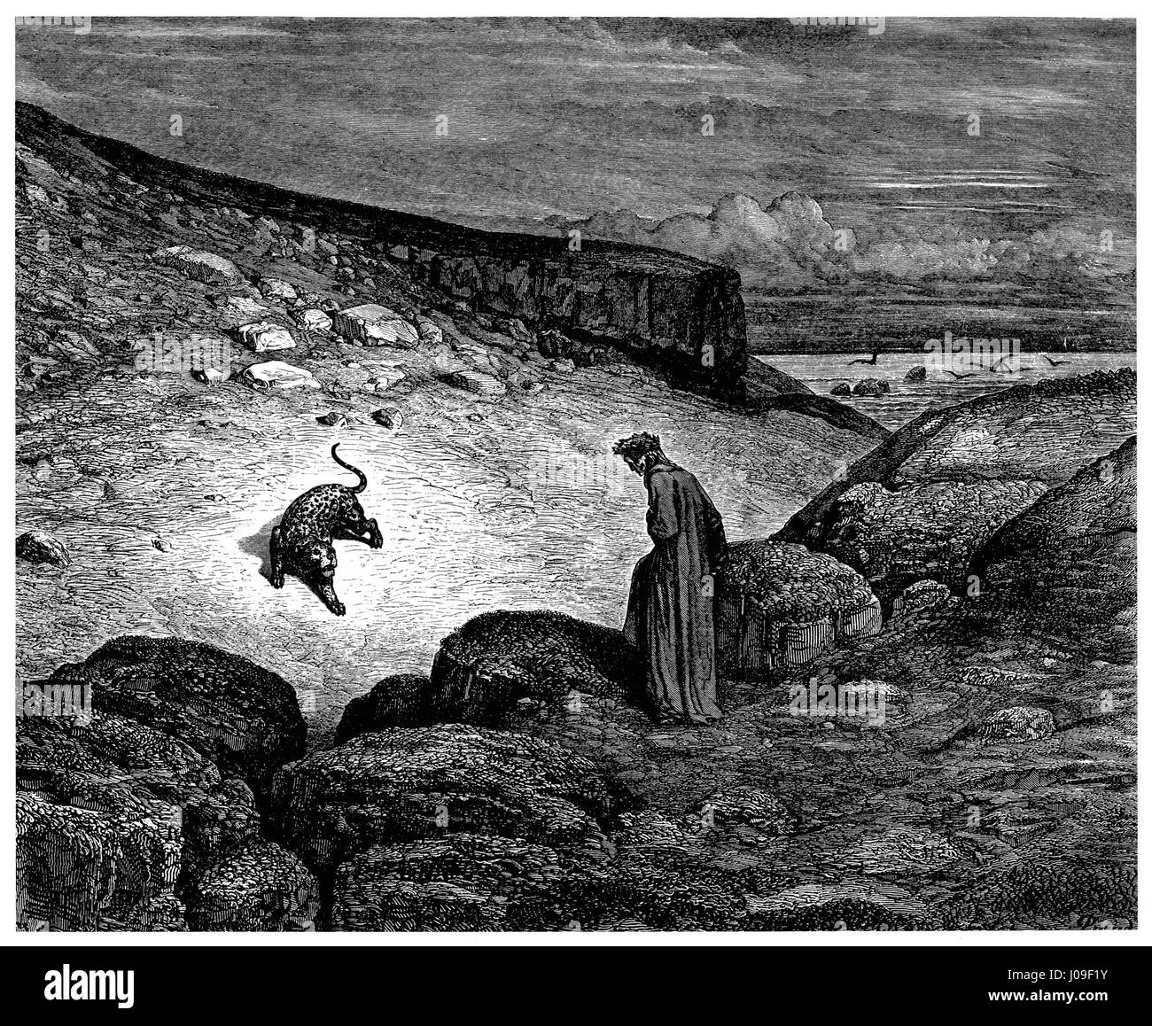 Illustration de Gustave Doré pour l’Enfer de Dante Alighieri, Planche 2, représentant un panthère, du Chant I, créé à l’origine en 1857. Banque D'Images